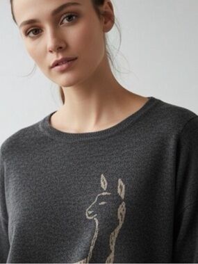 100% Baby Alpaca Knit Sweater with Llama Graphic (NWT) Size: S